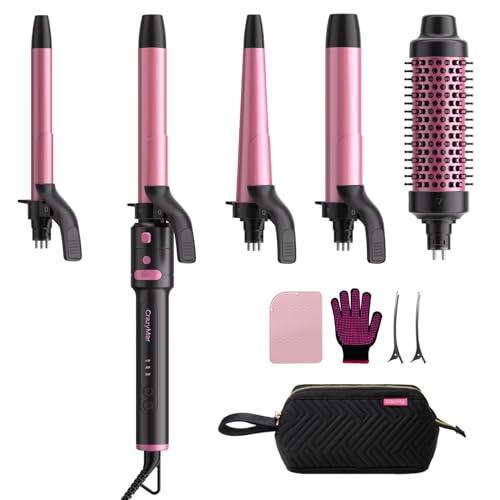 5-in-1 Rotating Curling Iron Set (Hot Pink)