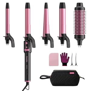 5 in 1 Automatic Rotating Curling Iron Set, CrazyMar Curling Wand Set – 5 Barrels (3/4,1,1/4 Inch) Dual Voltage Curling Wand for Professional Hair Styling, Travel, Ceramic Coating(Hot Pink)