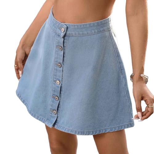 Women Denim Mini Skirt Button Front A-Line Jean High Waisted Casual Outfits Spring Summer Fashion Loose Fit Skirts S-2XL