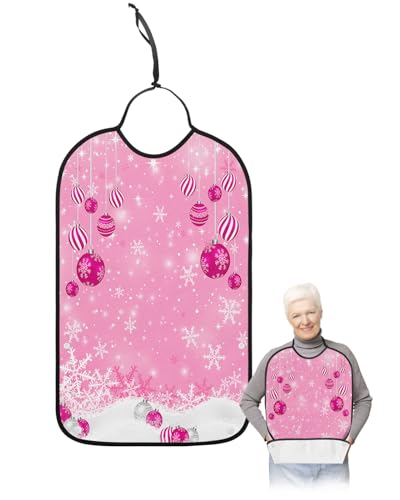 LEOKOTI Pink Christmas Balls Adult Bibs for Eating, Waterproof Bibs with Food Catcher & Adjustable Snap Closure, Xmas Winter Snowflake Washable Clothing Protectors Adult Bibs for Elderly Women/Men