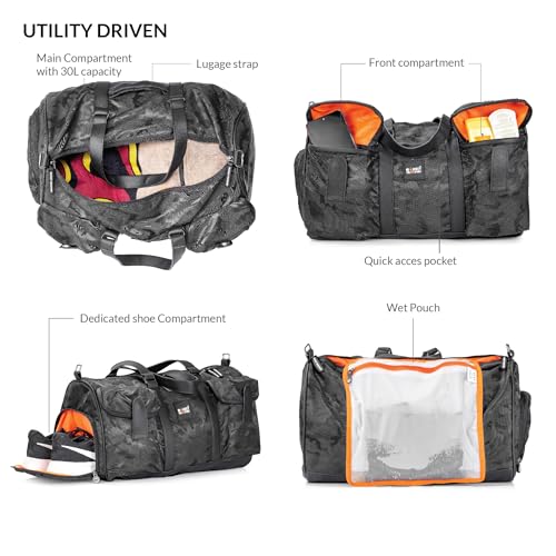 Image of MONKEY TROOPERS Roam Duffle Bag Black Camo 30L | Bike-mountable skin, wet pocket, shoe compartment, detachable sling, lightweight build, weekend trips, gym & sports use