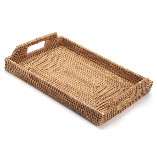 Plateau de Service Rectangulaire en Rotin, Plateau de Service en Osier avec Poignées, Panier de Service Décoratif en Tissé Naturel (37 x 26 x 3.5 cm)