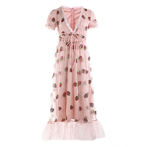Biayxms Women Strawberry Sequin Dress V-Neck Embroidered Sweet Mesh Lace Up Pleated Dress Cocktail Dresses (Short Sleeve Pink, M)