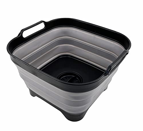 Image of SAMMART 10L (2.64 Gallon) Collapsible Dishpan with Draining Plug - Foldable Washing Basin - Portable Dish Washing Tub - Space Saving Kitchen Storage Tray (Black/Alloy Grey)