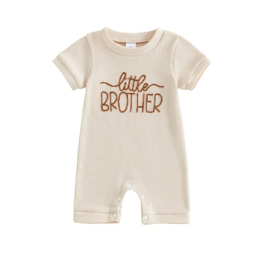 Image of allshope Newborn Baby Boy Summer Outfit Romper Letter Embroidery Short Sleeve Jumpsuit Bodysuit Cute Infant Waffle Clothes