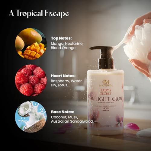 Image of Magnum Lady's Secret Twilight Glow Body Wash 300ml - Hydrating Shower Gel with Aloe Vera, Jojoba Oil & Vitamin E | Mango, Blood Orange & Coconut Fragrance for All Skin Types