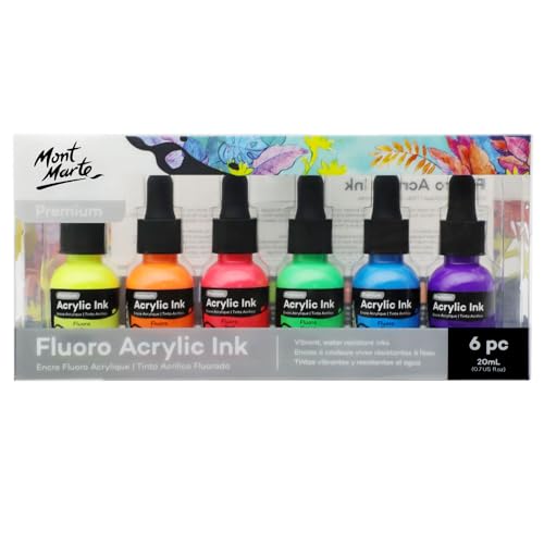 Mont Marte Acrylic Ink Premium 6pc x 20ml (0.7 US fl.oz) Acrylic Inks for Artists Fluoro Colors Ideal for Air Brush Pouring Art Scrapbooking Ink Drawing Mixed Media