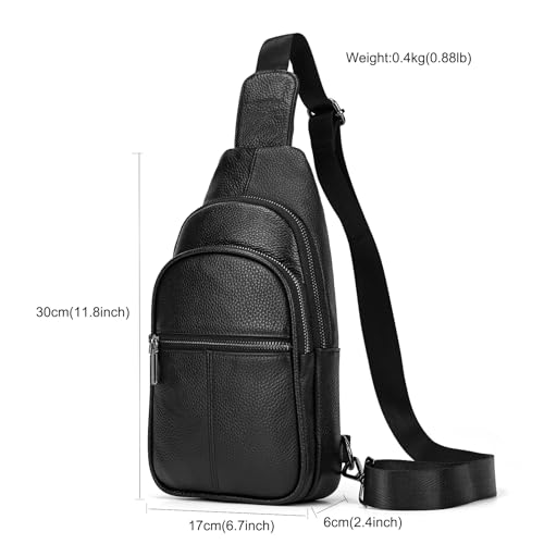 Genuine Leather Chest Bag for Men Women Cross Body Sling Shoulder Messenger Bag with Multiple Pockets for Travel Hiking Outdoor, Black2