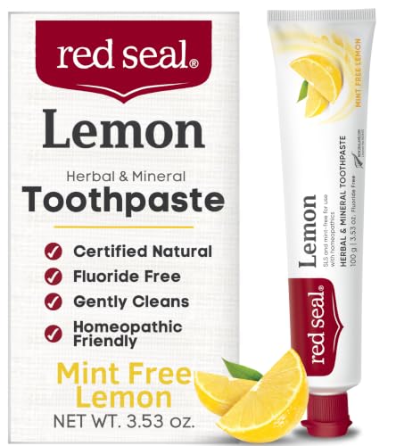 Red Seal Herbal & Mineral Fluoride Free Lemon Toothpaste - Mint Free Toothpaste for Adults - Vegan Friendly, Cruelty Free, No Artificial Colors or Flavors, NATRUE Certified Natural, SLS Free, 3.53 oz