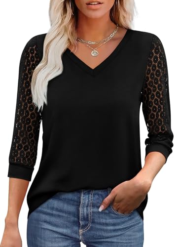 3/4 Length Sleeve Womens Tops V Neck T Shirts Lace Sleeve Work Women Blouses School Outfits for Teachers Black Summer Tops Fashion Clothing M