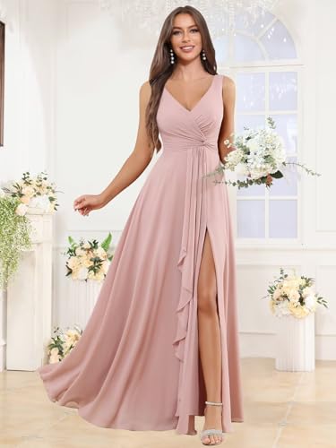 Image of BOLENSYE Floral Blush Sleeveless Bridesmaid Dresses Long Ruched Chiffon Evening Party Gown with Pockets Size8