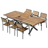 ALEOS. Gartengarnitur Edelstahl Teak Set: Ausziehtisch 200-260x100 cm + 6 stapelbare Sessel Edelstahl Teak A-Grade Holz Sitzgruppe - Gartenmöbel Set 6 Personen Gastronomie Qualität