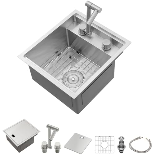 Lordear 15x17 Indoor Outdoor Kitchen Sink with Foldable Faucet Samll Bar Prep 16 Gauge T...