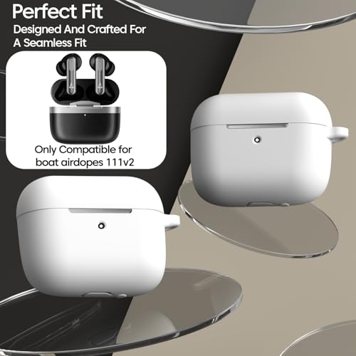 Sounce Soft Silicone Case Cover Compatible with Boat Airdopes 111v2 –Scratch-Resistant Shockproof Protective Skin with Keychain Clip (White)