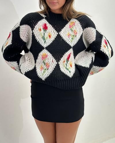 ZAFUL Floral Sweaters for Women Trendy Crew Neck Long Sleeves Knitted Pullover Boho Sweater Chunky Knit Tops2