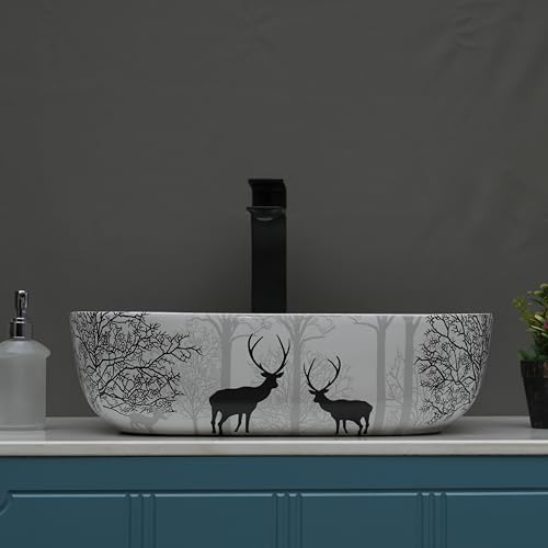 Image of Designer Glossy Finish Table Top Ceramic Wash Basin Vessel Sink with Slim Rim | Collapsible Wash Basin | Wash Basin for Bathroom | Ceramic Bathroom Sink (Animal Printed, 18 x 13 x 5.5 Inch)