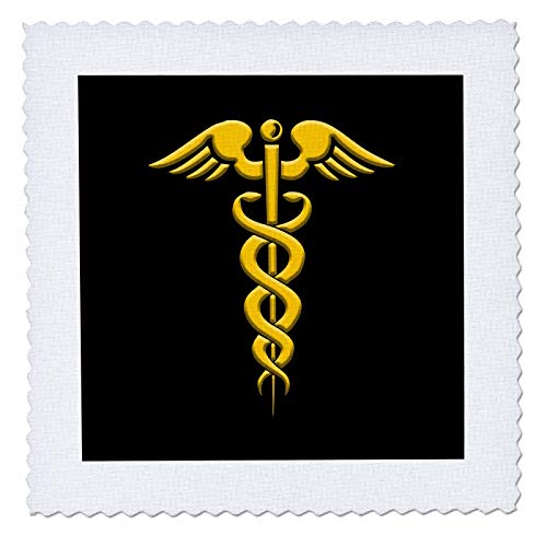 3dRose 6x6 inch Quilt Square, Image of a Medical Symbol Caduceus. Yellow on blac