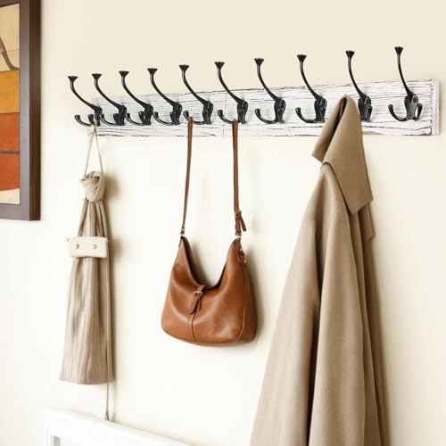 Image of IBosins 34'' Coat Rack Wall Mount with 10 Tri-Hooks, Heavy Duty, Vintage White Color Wood Coat Hanger, Rustic Coat Hooks Rail for Entryway Living Room Coat Scarf Bag Towel Hat