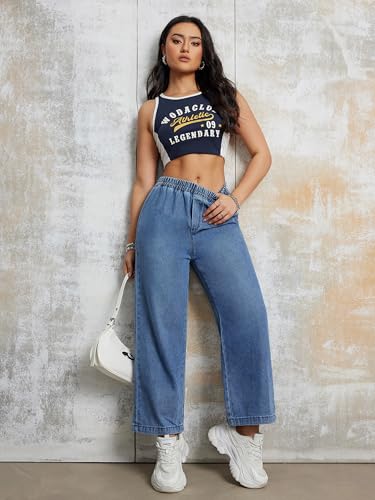 Womens Pull On Wide Leg Jeans 90s Stretch High Waisted Crop Denim Pants for Women 2024 Trendy, Large Light Blue4