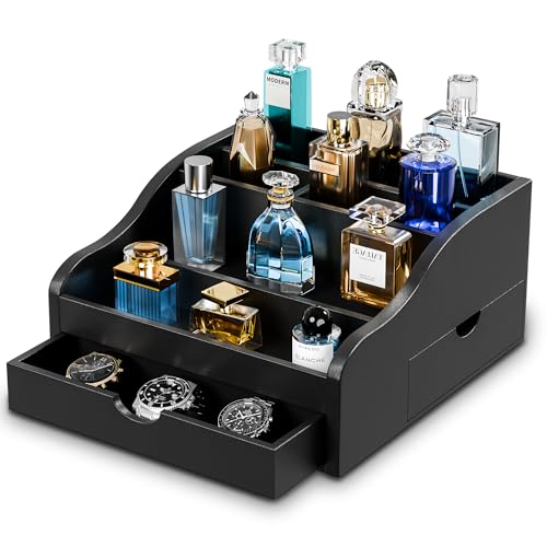 Optyuwah Köln Parfumorganizer, 4-traps displaystandaard, parfumdisplay, standaard, cosmetica-organizer met 2 laden en verborgen vak, multifunctioneel houten parfum, tentoonstellingsrek voor figuren