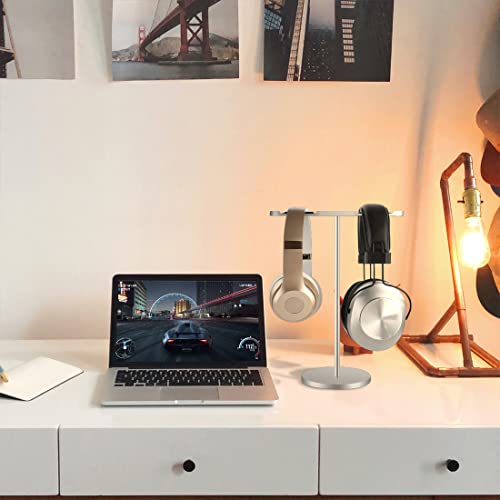 Image of GEEKRIA Aluminum Alloy Dual Headphones Stand for Over-Ear | On-Ear Headphones, Gaming Headset Holder, Desk Display Hanger with Solid Heavy Base, Compatible with Bose QC45, QC35 (Silver)