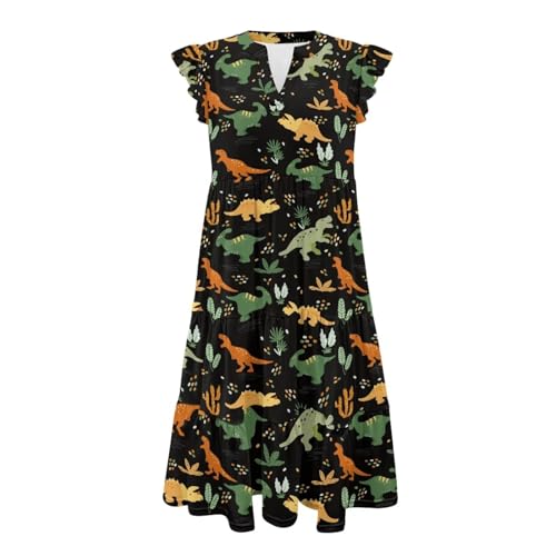 Image of Womens Summer Dress Ruffle Sleeve V Neck Dress Casual Fit Flowy Beach Vacation Sundress with Pocket S-2XL