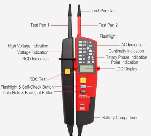 Image of UT18C Voltage Tester, Professional Continuity Tester, IP65 Waterproof Phase Rotation Meter, Multifunctional Electrical Circuit Voltage Meter Tester, LCD Display, Automatic Range, AC /DC 12V-690V