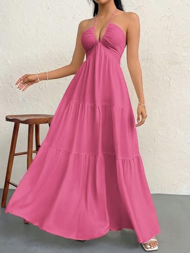 Image of Narecte Women's Maxi Summer Dresses Halter V Neck Beach Dresses for Women A-Line Casual Dress for Vacation
