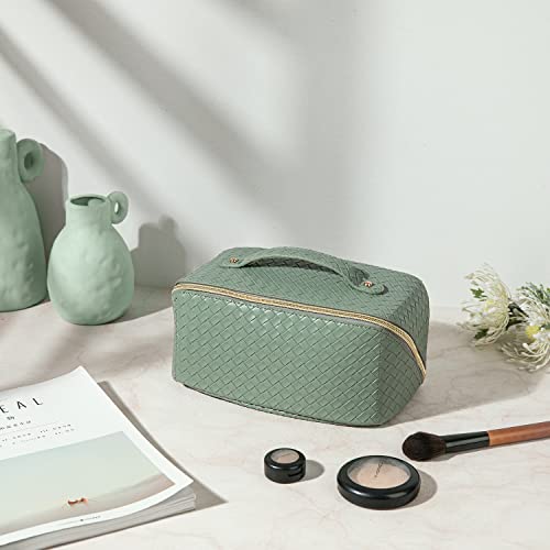 Bykasist Travel Makeup Bag Large Capacity Cosmetic Bags For Women Portable Makeup Bag Opens Flat For Easy Access Travel Toiletry Bag Leather Waterproof Women Travel Cosmetic Bag Organizer, Green #TOP6