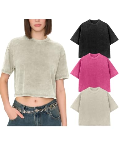 Image of Kissonic Womens Oversized Cropped T Shirts Cotton Acid Wash Crop Tops, Black+rose+beige, XS