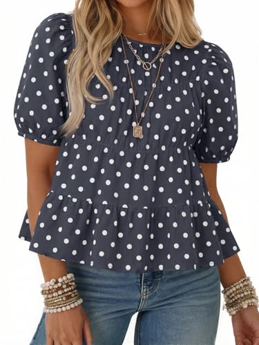 Image of Tankaneo Womens Puff Sleeve Peplum Babydoll Tops Summer Flowy Pleated Cotton T-Shirts Casual Loose Fit Cute Blouse