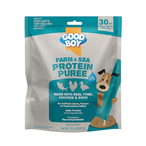 Good Boy Farm & Sea Protein Purees Dog Food Mixers for All Adult Dogs, 30 Count, Easy Single-Serve Triple Flavor Topper Treats with Tuna, Chicken and Duck