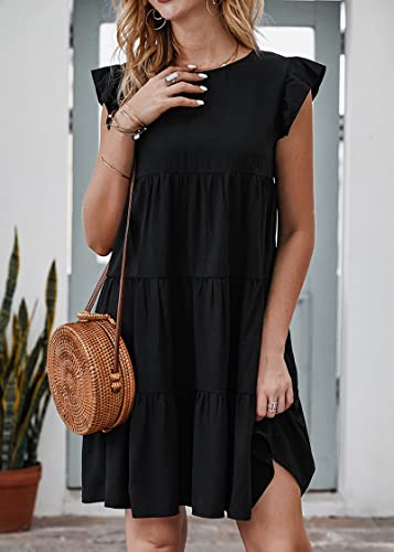 Image of KIRUNDO Summer Dresses for Women Sundress Sleeveless Ruffle Sleeve Round Neck Loose Short Flowy Pleated Mini Babydoll Dress