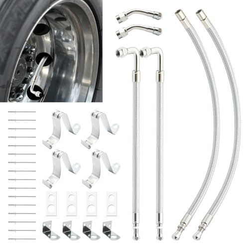 Image of Dually Valve Stem Extenders for Dual Wheels, Stainless Steel Braided Dually Tire Valve Extension with 2 Straight & 2 Angled Hoses, Fits 16 inch to 19-1 /2 inch Dual Wheels Tire Valve Extension for Cars