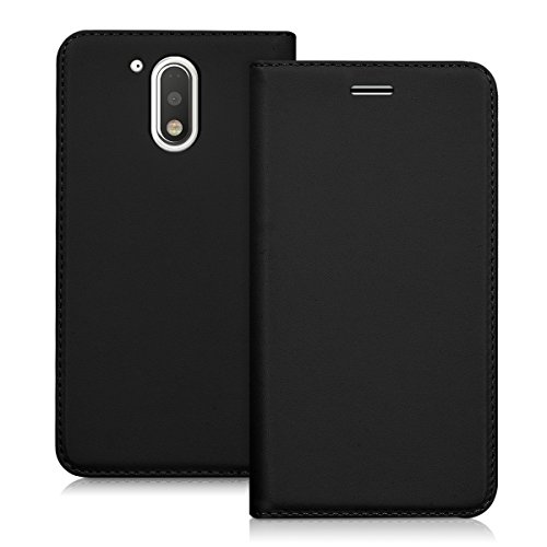 kwmobile Flip Case Compatible with Motorola Moto G4 / Moto G4 Plus - Smooth PU Leather Slim Folio Cover Phone Holder - Black