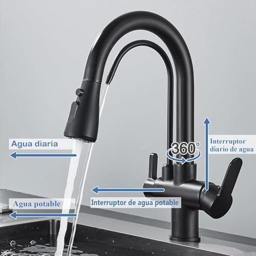 Saeuwtowy Küchenarmatur, 3-Wege-Osmose, Küchenarmatur für Osmose mit 2 Hebeln, Osmose-Wasserhahn, um 360 ° drehbar, abnehmbare Dusche, Edelstahl, Schwarz
