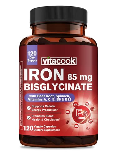 Iron Supplement for Women & Men, 65mg Ferrous Bisglycinate Chelate, Slow Release Iron with Vitamins A C E B6, B12, Folate, Organic Spinach & Beet Root Powder, for Blood Flow & Energy Support, 120 Caps