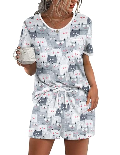 Image of Ekouaer Pajama Set for Women 2 Piece Lounge Set Short Sleeve Tops and Shorts Soft Sleepwear, Chest Pocket