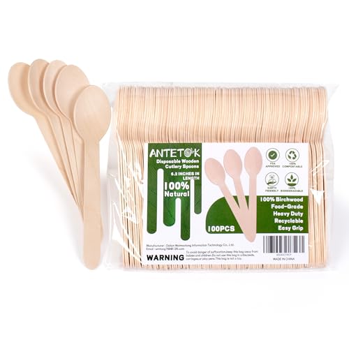 ANTETOK Disposable Wooden Cutlery Spoons - 100 Pack Wooden Spoons Disposable,Biodegradable and Earth Friendly, 6.3 Inch Length