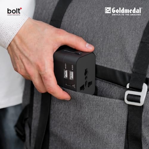 Image of Goldmedal Bolt + Universal Travel Adaptor | 2 Type A & 1 Type C USB Ports for Quick Charging | Supports Variety of Plug Types| Perfect for International Travel - Black | Supports Variety of Plug Types| Perfect for International Travel - Black