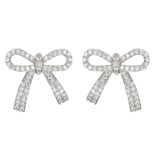 SIXDUTON Pendientes de Lazo para Mujer, Cinta Bowknot Pendientes Hipoalergénicos Plata de Ley 925, Pendientes con Circonita Cúbica Moda Joyería Regalo para Mujeres Niñas (Plata)