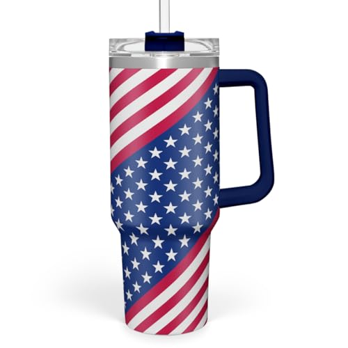 SANDJEST American Flag Tumbler with Handle, America Engraved 40oz Stainless Steel Insulated Coffee Mug with Lid & Straw, America Gifts for Men Women, USA Tumblers Cup Gift for Christmas