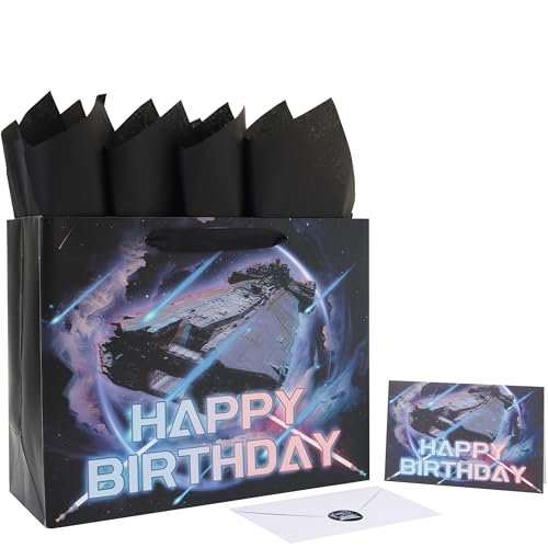 13” Large Space Star Birthday Gift Bag Set with Handles, Greeting Card, Black Tissue Papers and Stickers for Boys Men Kids Teens, Space Star Design, 1 Pcs