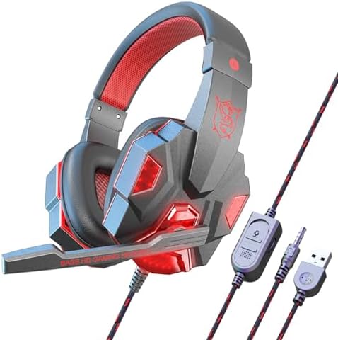 SHIERLENG Stereo Gaming Headset ENC Noise Cancelling Over-Ear Headphones with Microphone, LED Light, Surround for PC, PS5, PS4, Xbox One, Switch, Laptop, Cellphone