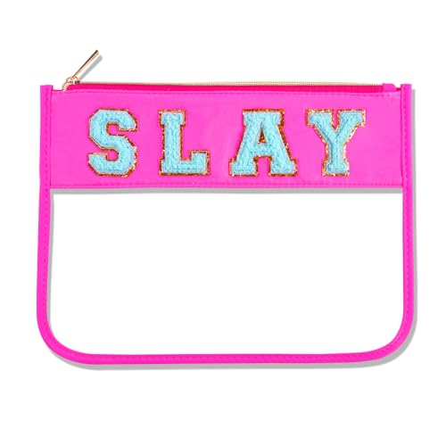 Dealkion Slay Makeup Bag Slay Purse Slay Stuff Toiletry Zipper Pouch Chenille Letter Clear Zipper Pouch Slay Skincare Travel Pouch for Women Girl Gifts