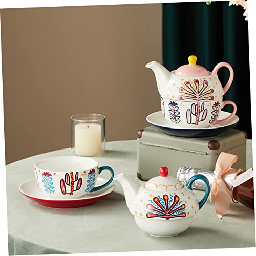 Théière céramique rose rétro 1,2L avec tasses et plateau pour pause café et thé - 3