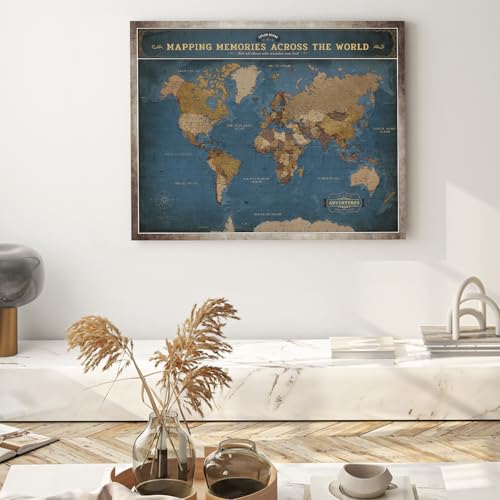 Image of DECORARTS - Large World Travel Map with Pins, Pin Board Canvas Wall Art, Modern Navy Blue Maps for Wall Decor, Giclee Print on Canvas, Handcrafted in USA, 35x28''