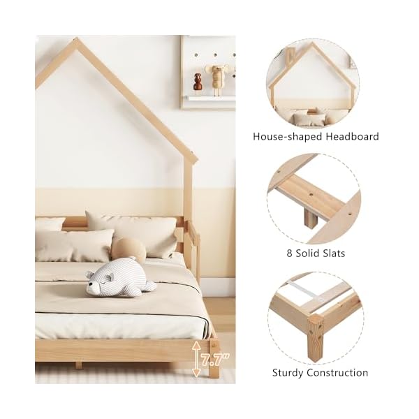 Full size bed frame for kidshouse shaped headboard kids bedgirls bed with handrailslow platform bed for boys girlsno box spring needednatural  urban country home decor