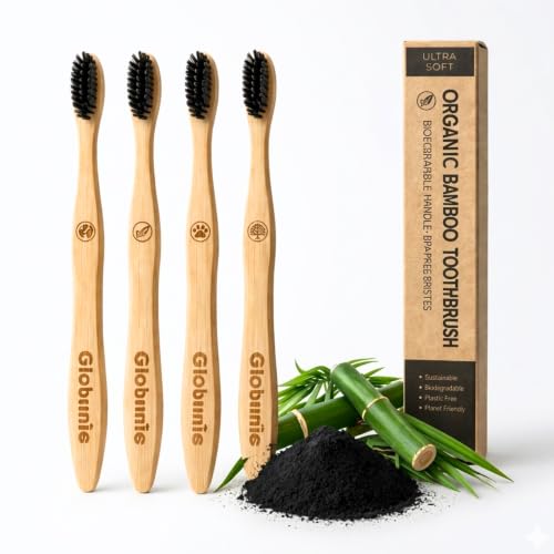 Image of Eco Friendly Bamboo Toothbrush for Adults Pack of 4 Soft Bristle Charcoal Plastic Free Sustainable Organic brush for Natural Oral Care