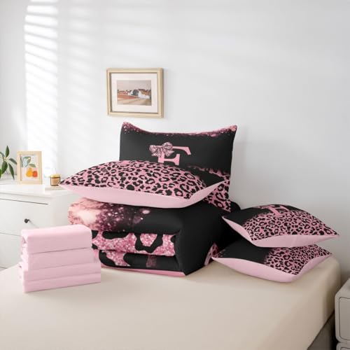 Image of Feelyou Girls Bow Comforter Set with Sheets 7 Piece Full Size Glitter Leopard Print Bed in a Bag Kids Boys Girls Initial Letter F Bedding Set Bedroom Decor Breathable Soft Lightweight Microfiber